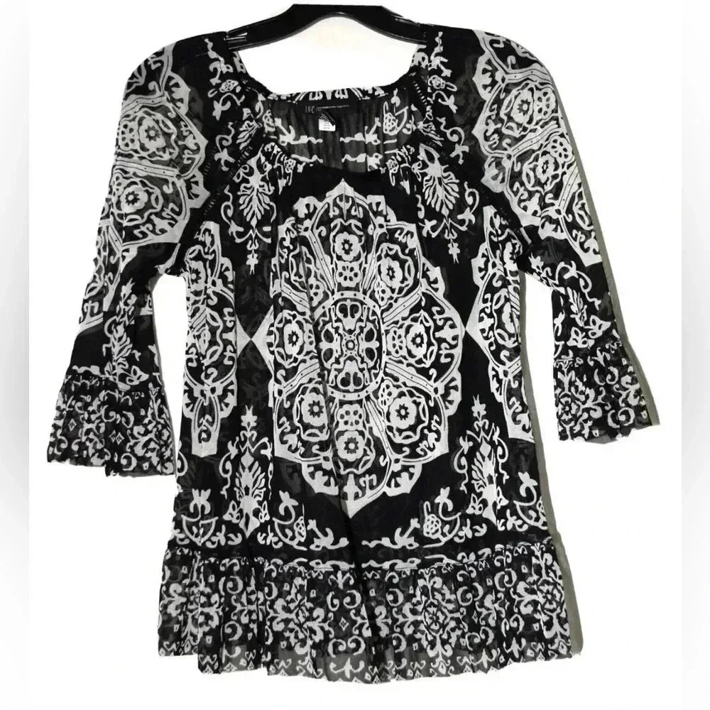 INC International Concepts Women’s Henna Emblem Black White Boho Blouse …